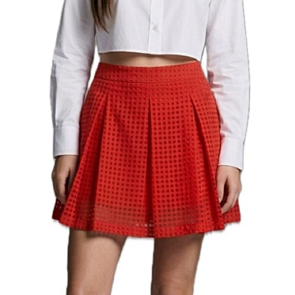 Harlowe & Graham Red Sheer Gingham Check Pleated Mini Skirt Size Small A-Line